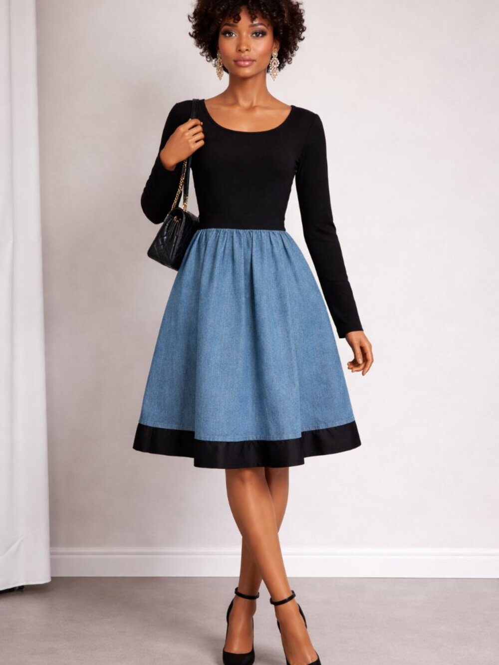 Vintage, A.B.S., Black & Blue Scoop Neck Poly/Denim Dress, Size 10